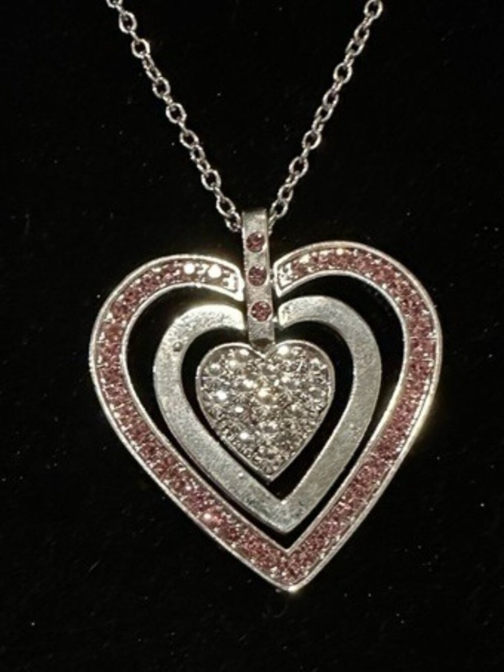 Heart Pendant Necklace Pink Rhinestone Accent Silver Tone Chain Adjustable Women - Picture 2 of 2